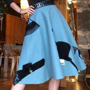 Casino night CIRCLE SKIRT from the 50's, wool felt, blue. Size XS. Rockabilly